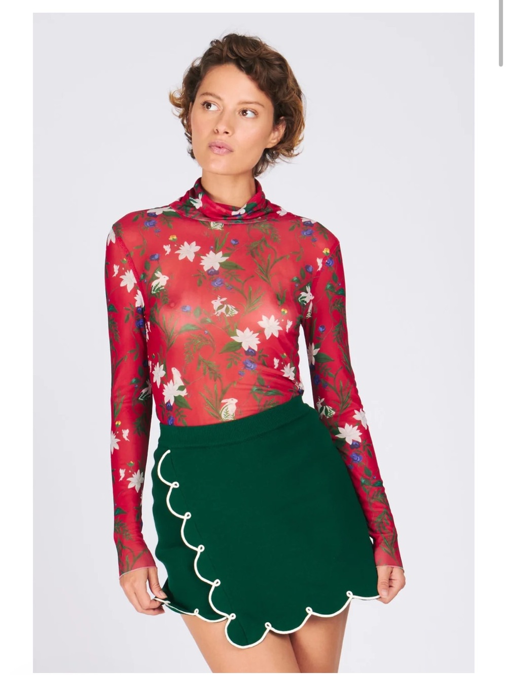 Rachel Antonoff Lillian Red Rabbit Floral Mock Neck Top